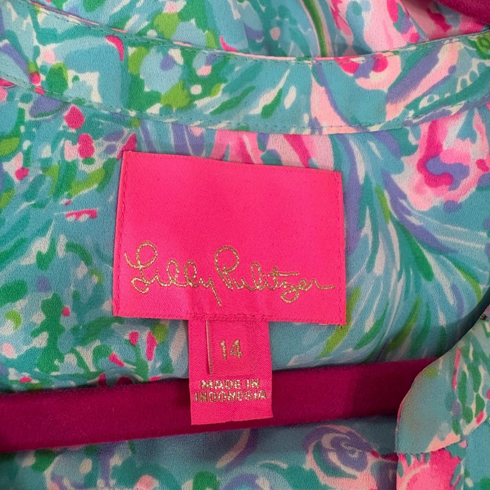 Lilly Pulitzer Gabriel Dress Womens 14 Blue Green Floral Tiered Ruffle Resort - Picture 6 of 10